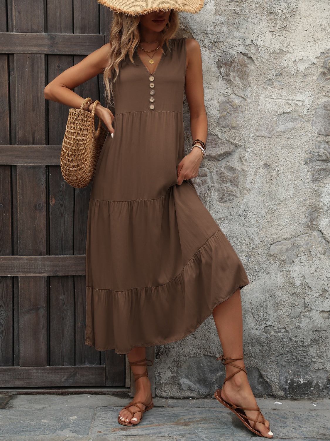 Decorative Button Notched Sleeveless Dress