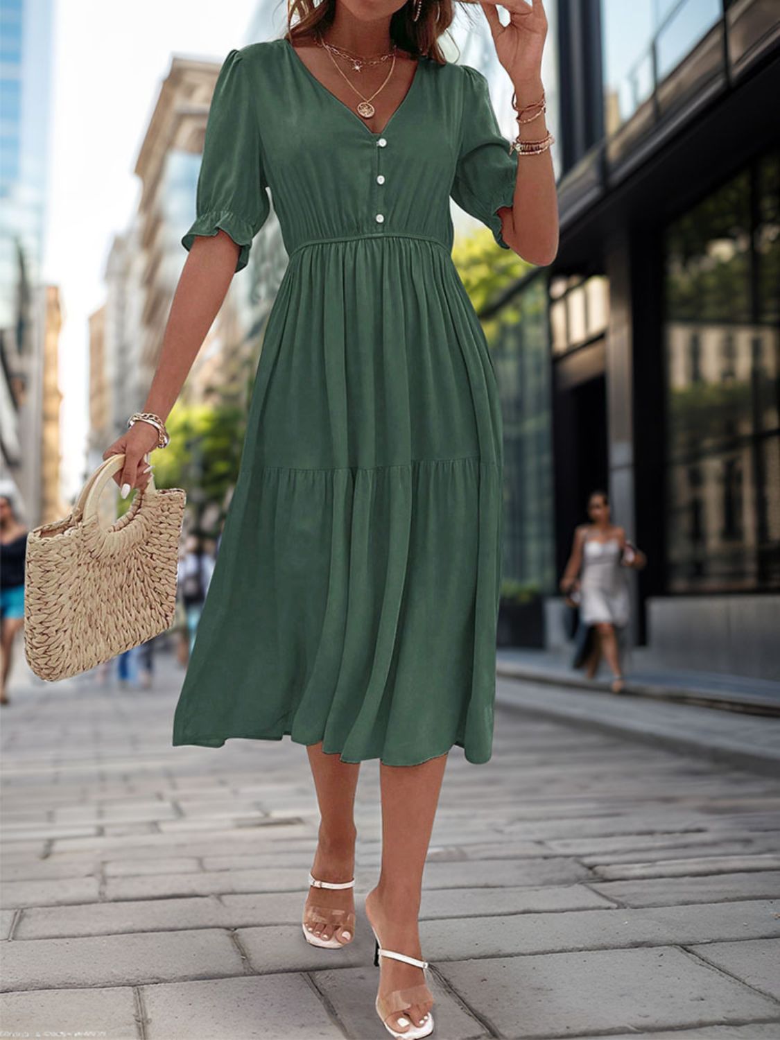 V-Neck Half Sleeve Midi Dress