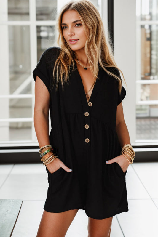 Pocketed V-Neck Short Sleeve Romper